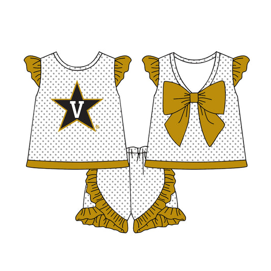 Preorder (moq 5)Baby Girls Polka Dots Back Bow Tunic Ruffle Short Team Clothes Sets