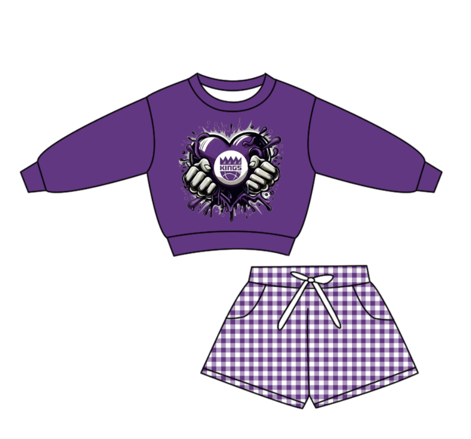 Preorder(moq 5) Baby Boys Purple Hearts Kings Checked Pockets Shorts Team Clothes Sets