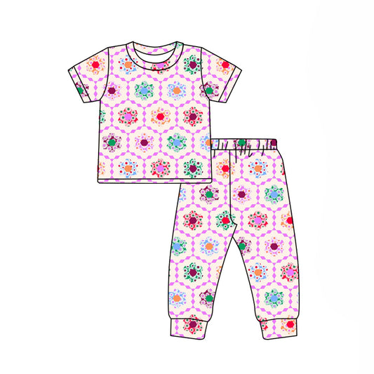 Preorder (moq 5)Baby Girls Short Sleeve Colorful Flowers Top Pants Pajamas Clothes Sets