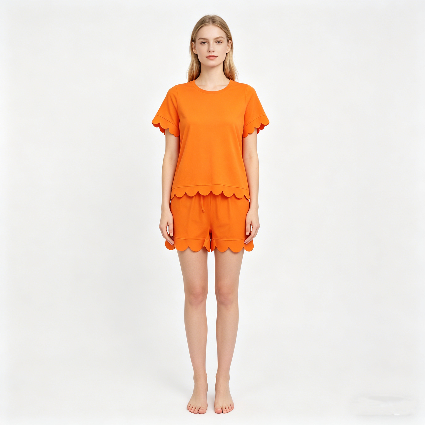 Mama and Me Girls Orange Top Pockets Short Scallop Cotton Clothes Sets