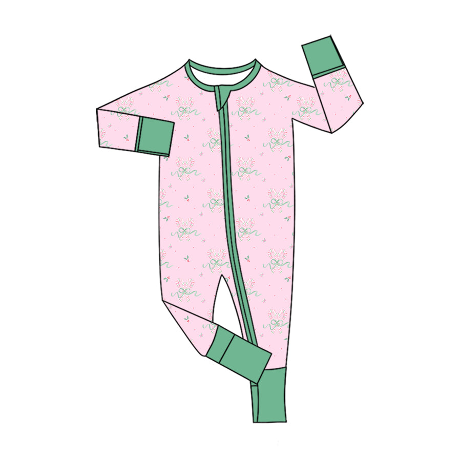 Preorder (moq 5) Baby Girls Bows Candy Cane Christmas Two Way Zip Convertible Rompers