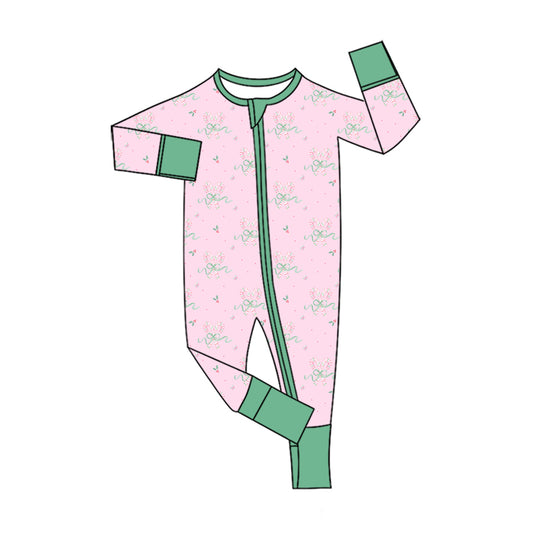 Preorder (moq 5) Baby Girls Bows Candy Cane Christmas Two Way Zip Convertible Rompers