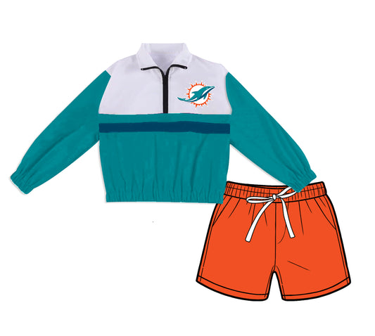 Preorder (moq 5)Baby Girls Aqua Dolphins Zip Pullovers Orange Pockets Short Team Clothes Set