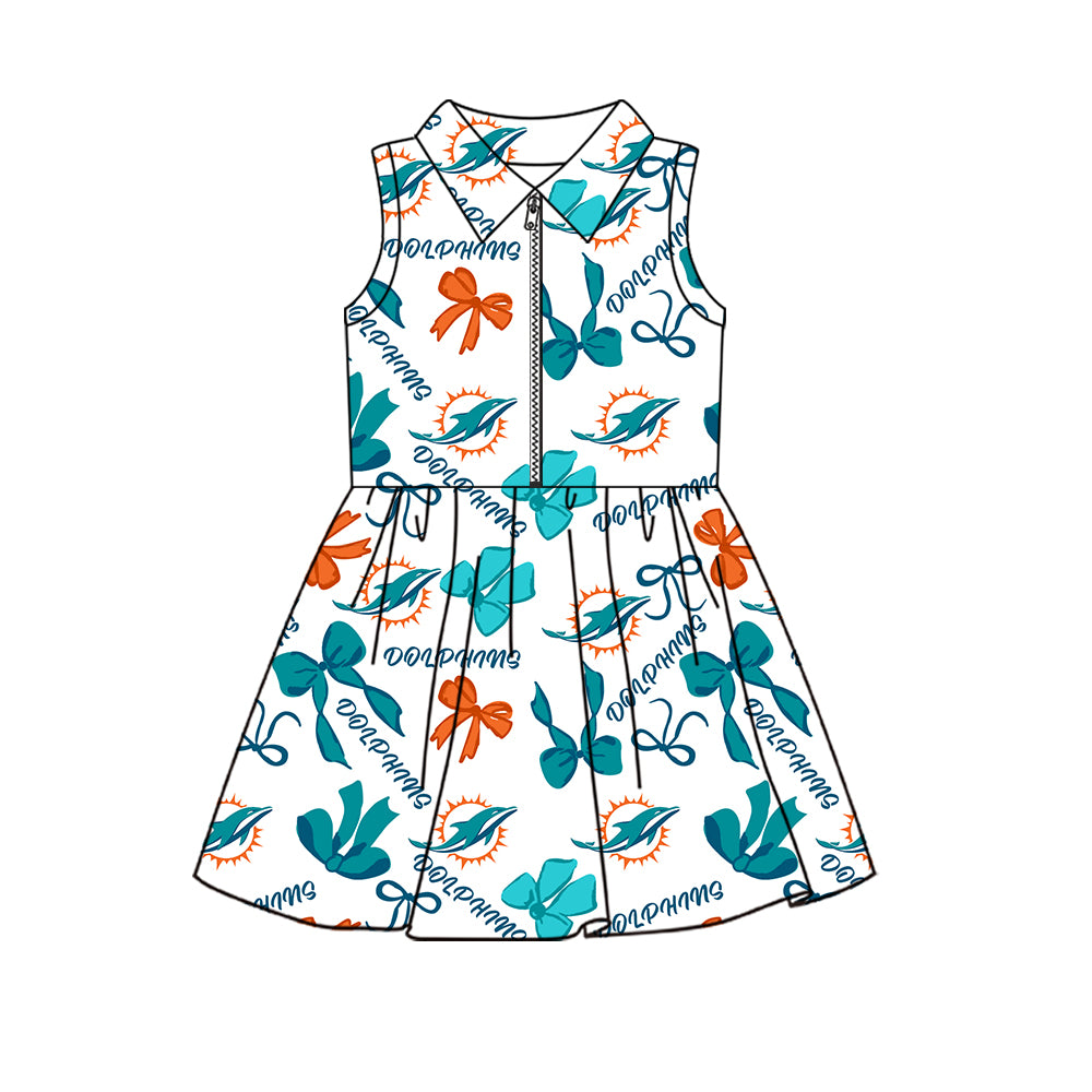 Preorder (moq 5)Baby Girls Sleeveless Bows Dolphins Team Zip Short Knee Length Dress
