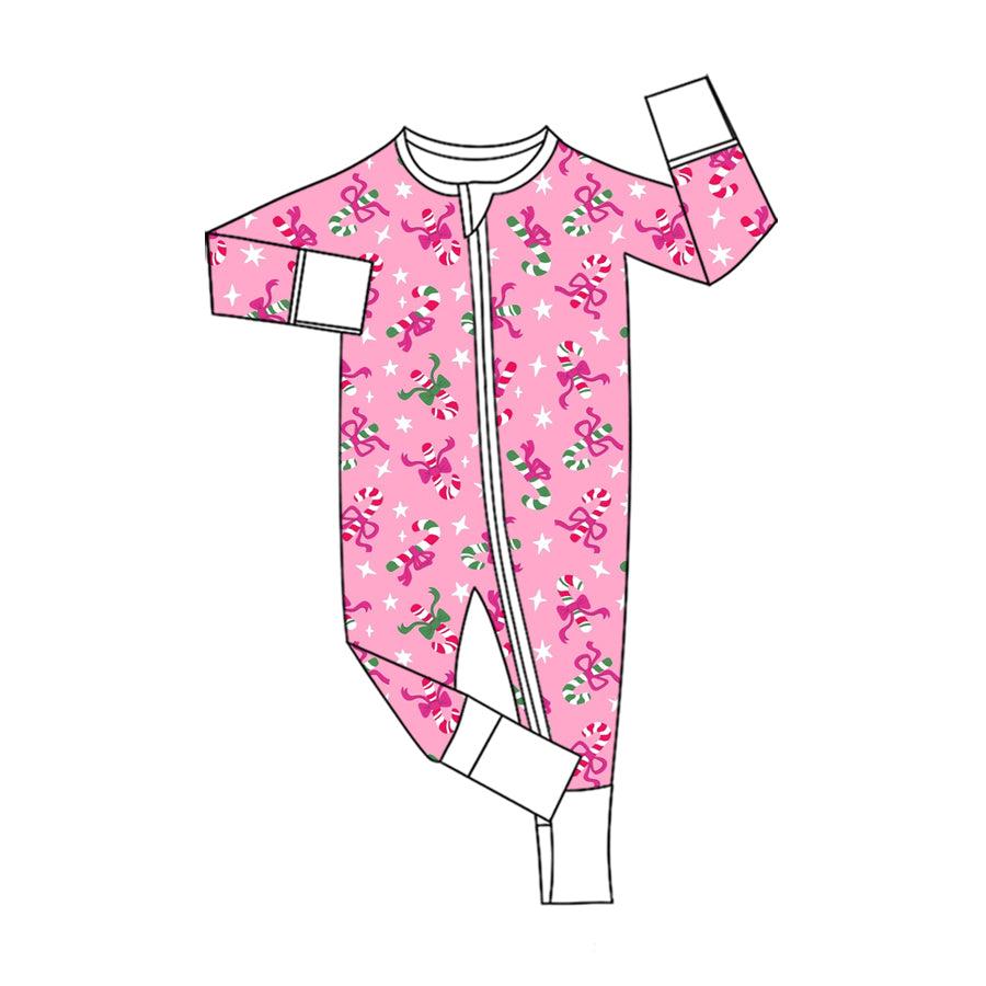 Preorder (moq 5) Baby Girls Bows Candy Cane Christmas Two Way Zip Convertible Rompers