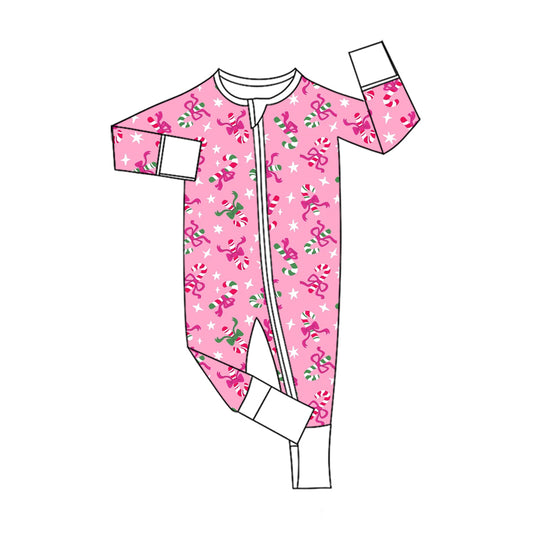 Preorder (moq 5) Baby Girls Bows Candy Cane Christmas Two Way Zip Convertible Rompers