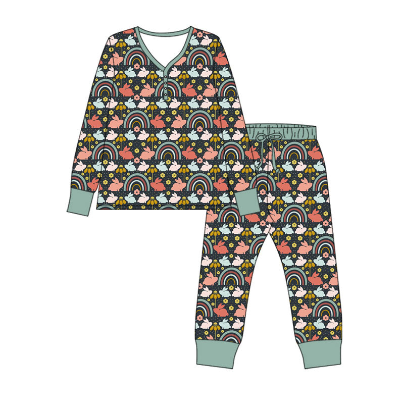 Preorder(moq 5) Adult Women Rabbits Flowers Top Pants Easter Pajamas Sets