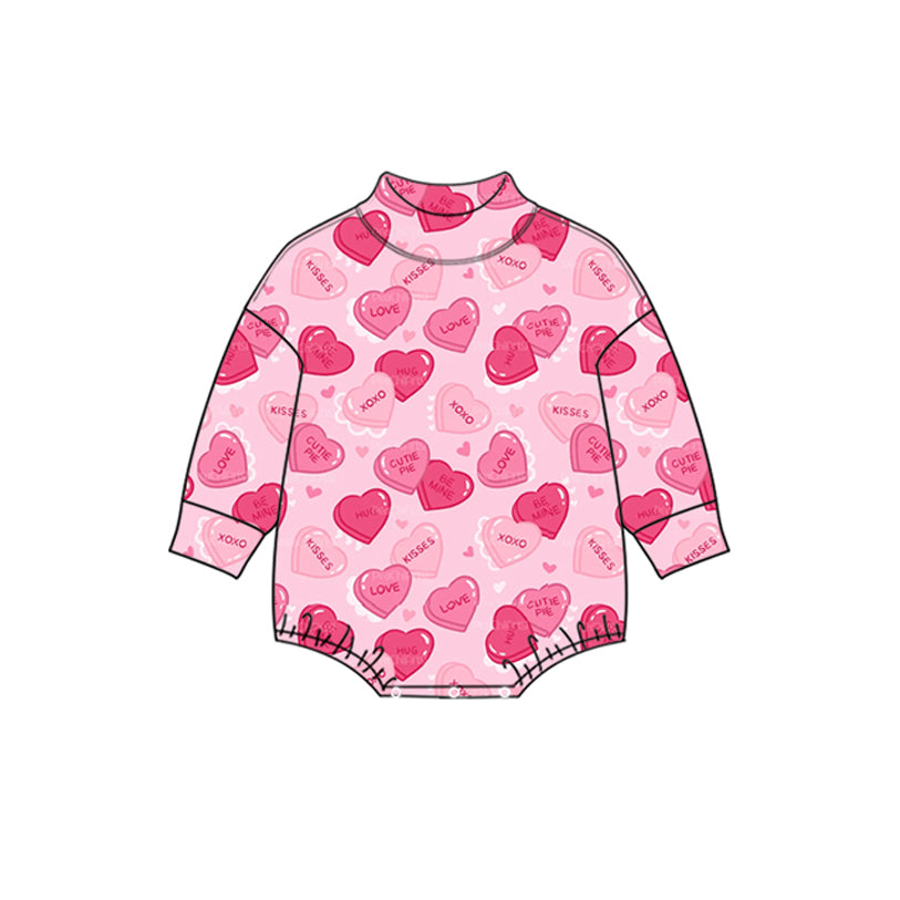 Preorder (moq 5) Baby Girl Clothes Valentine Conversation Heart XOXO Kisses Love Print Long Sleeve Bubble Romper
