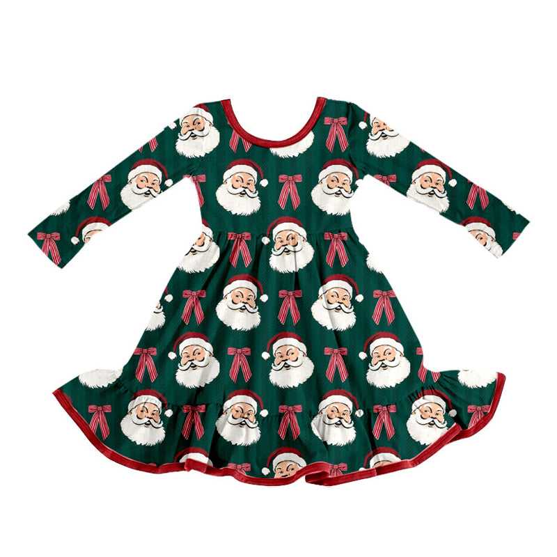 Preorder (moq 5)Baby Girls Bows Santa Christmas Ruffle Knee Length Dress