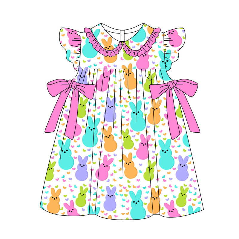 Preorder(moq 5) Baby Girls Flutter Sleeve Colorful Rabbits Hearts Bows Easter Knee Length Dresses