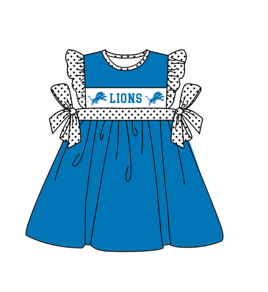 Preorder (moq 5)Baby Girls Polka Dots Flutter Sleeve Lions Team Knee Length Dresses