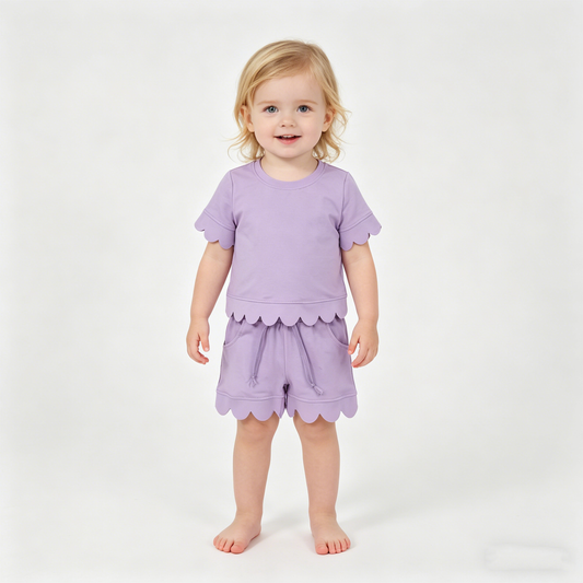 Baby Girls Lavender Short Sleeve Top Pockets Shorts Cotton Scallop Clothes Sets