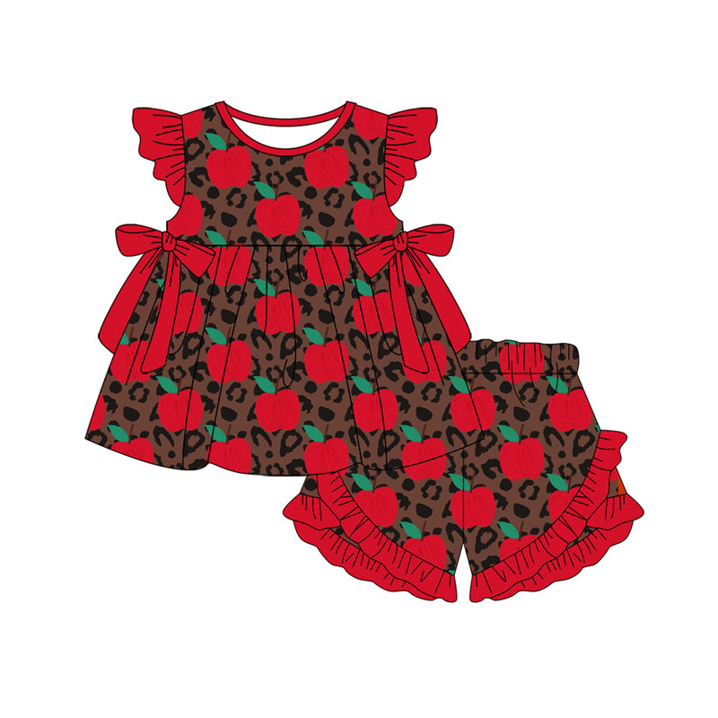 Preorder (moq 5)Baby Girls Leopard Apples Tunic Ruffle Shorts Back to School Clothes Set