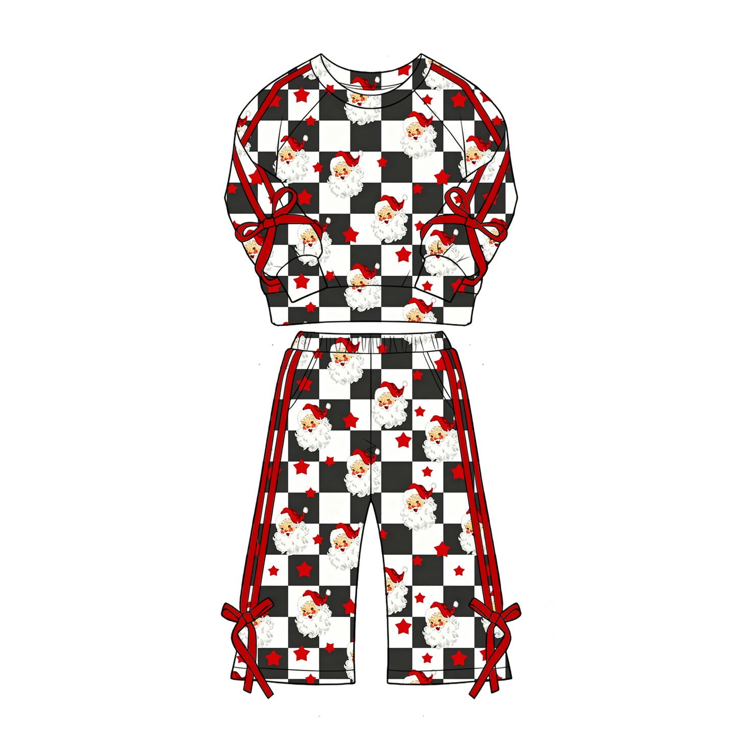 Preorder (moq 5)Baby Girls Black Checked Santa Stars Top Flare Pant Christmas Clothes Set
