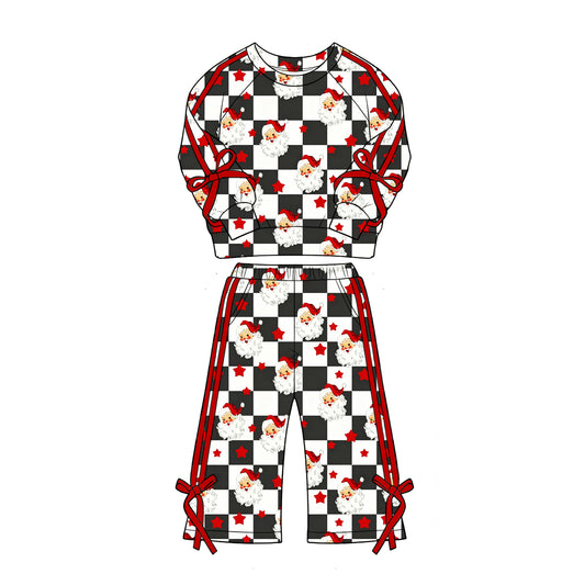 Preorder (moq 5)Baby Girls Black Checked Santa Stars Top Flare Pant Christmas Clothes Set