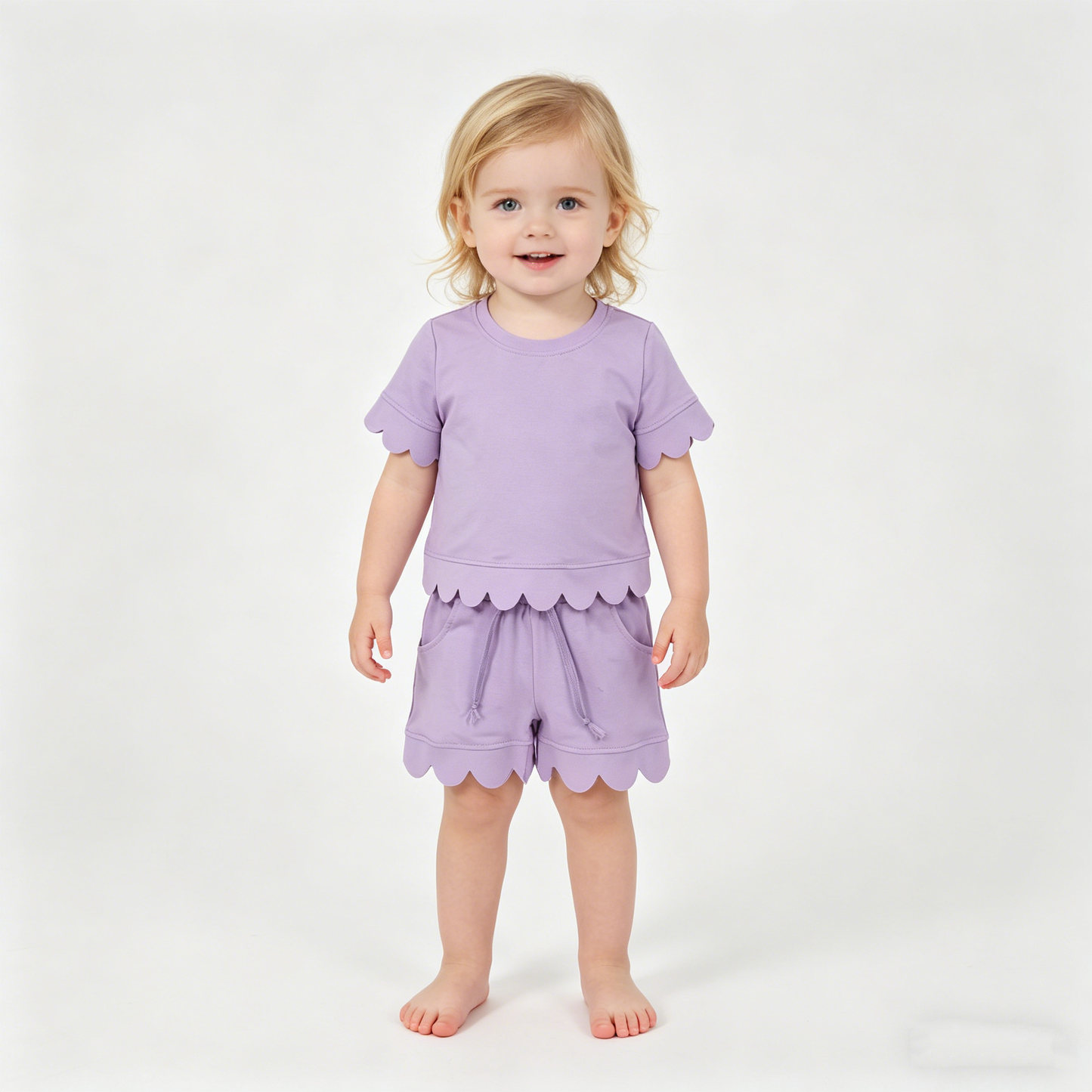 Mama and Me Girls Lavender Top Pockets Short Scallop Cotton Clothes Sets