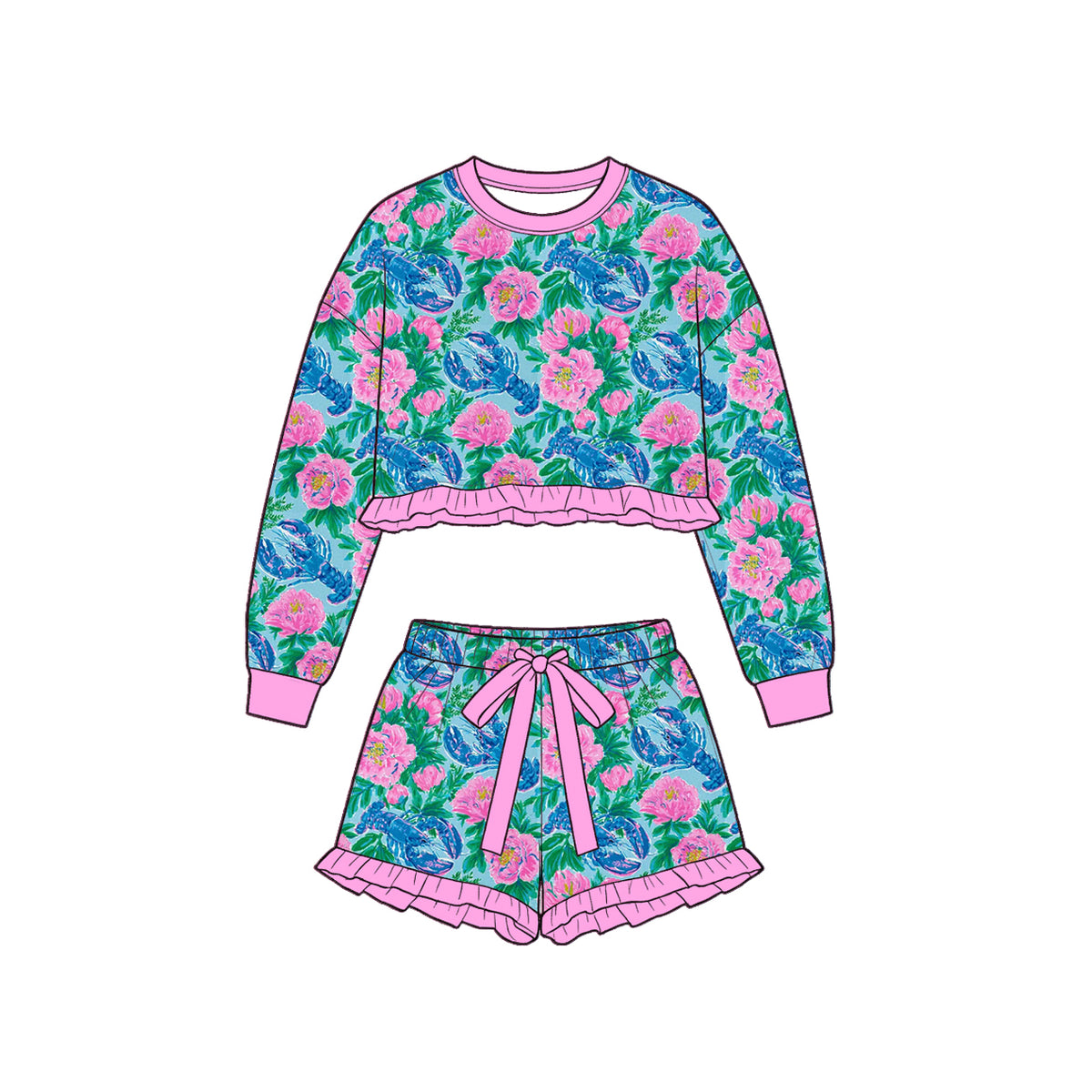 Preorder (moq 5) Baby Girl Clothes Blue Lobster Pink Floral Print Long Sleeve Ruffle Crop Top Bow Ruffle Shorts Set