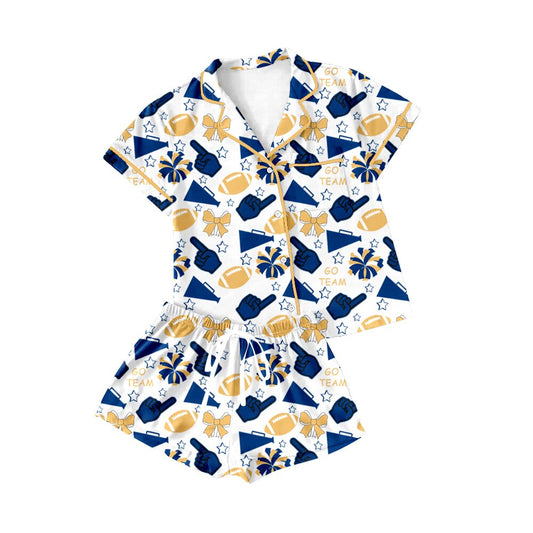 Preorder(moq 8)Baby Girls Gold Blue Bows Footballs Button Pocket Top Shorts Team Pajamas Set