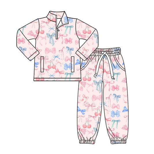 Preorder(moq 8)Baby Girls Bows Cherry Zipper Pockets Pullovers Jogger Pant Clothes Sets