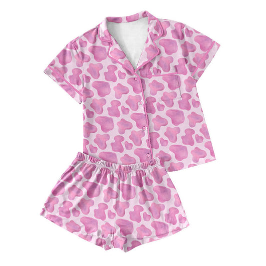 Preorder moq 5 Adult Women Pink Camo Button Pockets Top Shorts Pajamas Sets