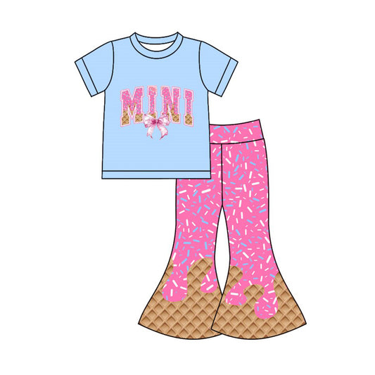 Preorder(moq 8)Baby Girls Drip Sprinkles Bows Mini Top Bell Bottom Pants Team Clothes Sets