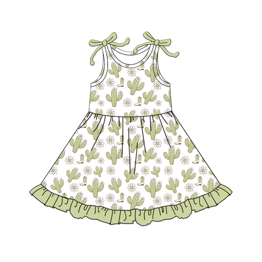 Preorder (moq 5)Baby Girls Bows Sleeveless Cactus Boots Flowers Western Ruffle Knee Length Dresses