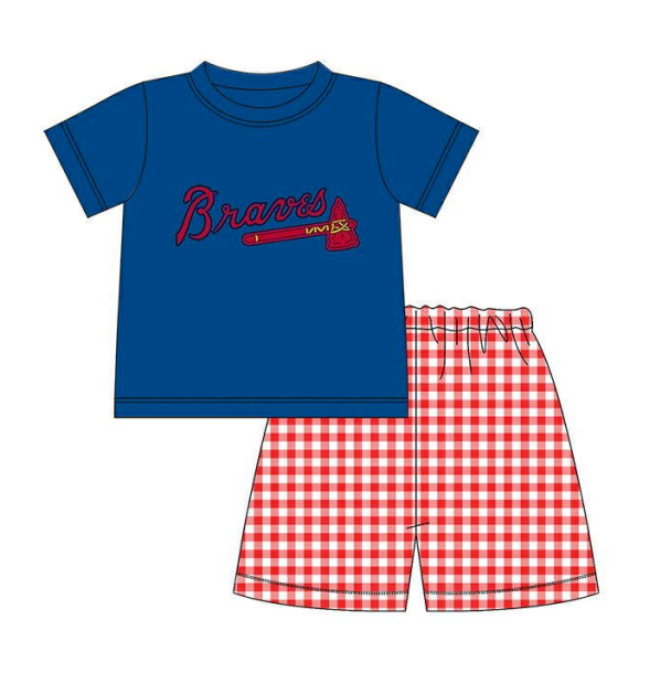 Preorder moq 5 Baby Boys Short Sleeve Atlanta Braves Top Checked Short Team Clothes Set