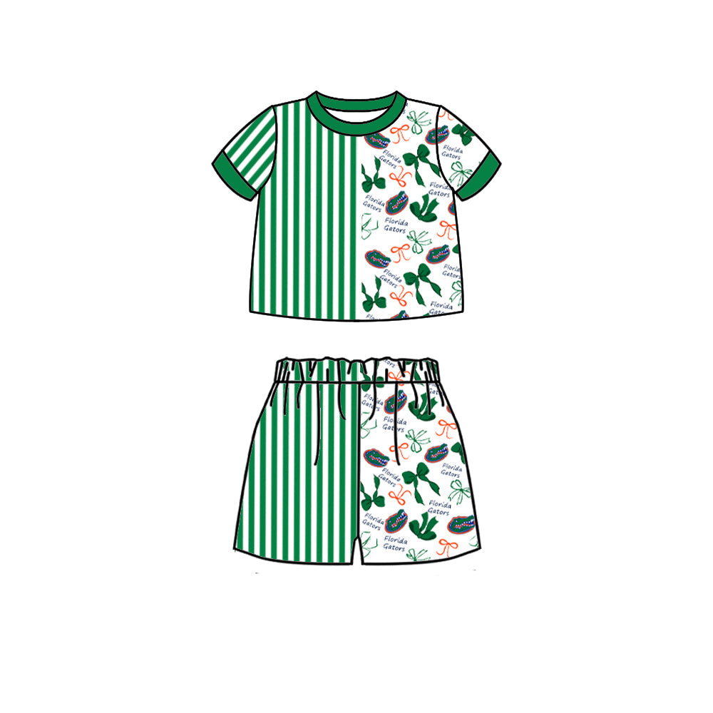 Preorder (moq 5)Baby Girls Green Stripe Bows Gators Shirt Top Short Team Clothes Set