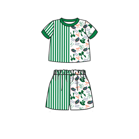 Preorder (moq 5)Baby Girls Green Stripe Bows Gators Shirt Top Short Team Clothes Set