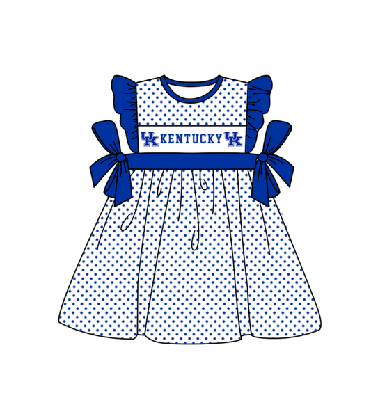 Preorder (moq 5)Baby Girls Flutter Sleeve Polka Dots UK Team Knee Length Dresses