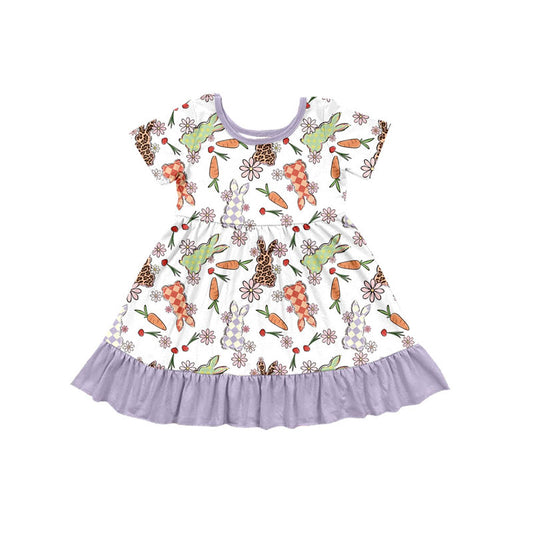 Preorder(moq 8)Baby Girls Rabbits Carrots Flowers Easter Ruffle Knee Length Dresses