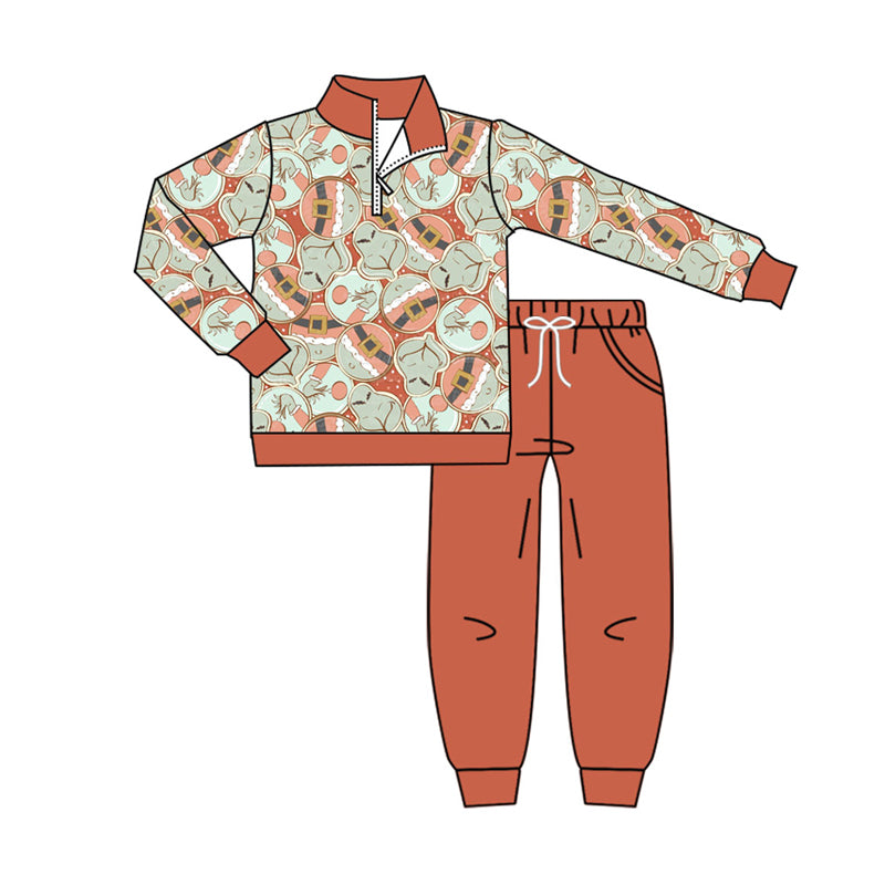 Preorder (moq 5)Baby Boys Green Faces Zipper Pullover Pockets Pants Christmas Set