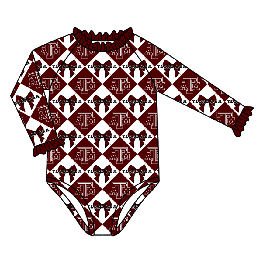Preorder (moq 5)Baby Girls Long Sleeve Team Bows Checked One Piece Swimsuits