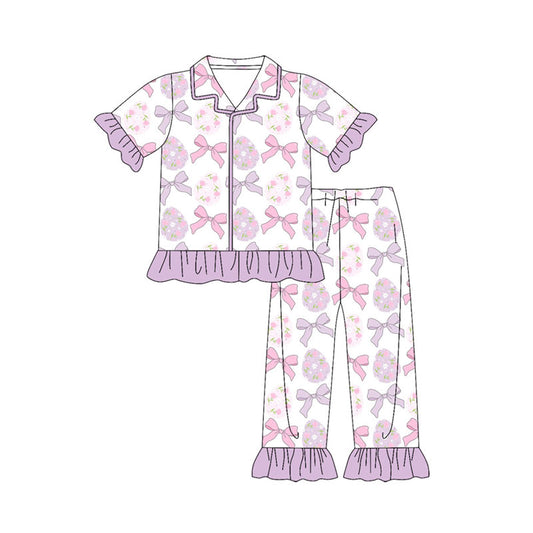 Preorder(moq 8)Baby Girls Bows Flowers Eggs Button Top Ruffle Pants Easter Pajamas Sets