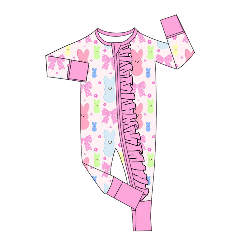 Preorder (moq 5)Baby Girls Colorful Flowers Rabbits Easter Ruffle Zipper Footie Rompers