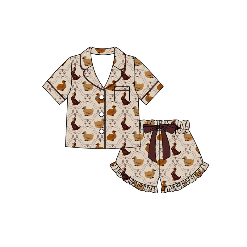 Preorder (moq 5)Baby Girls Bow Gooses Checked Pocket Button Top Ruffle Short Hunting Pajamas Sets