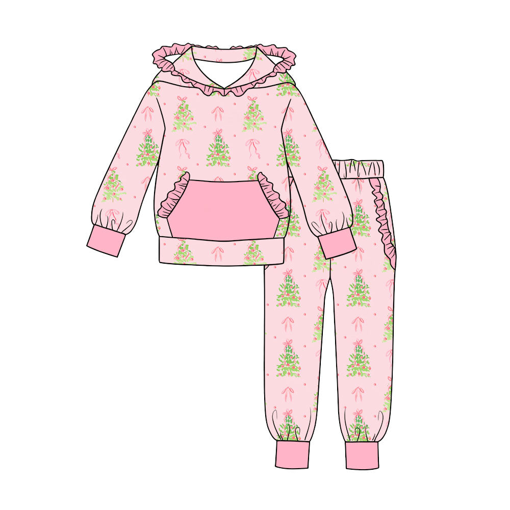 Preorder (moq 5) Baby Girls Bows Trees Pocket Ruffle Hoodie Jogger Christmas Clothes Sets