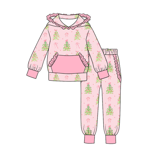 Preorder (moq 5) Baby Girls Bows Trees Pocket Ruffle Hoodie Jogger Christmas Clothes Sets