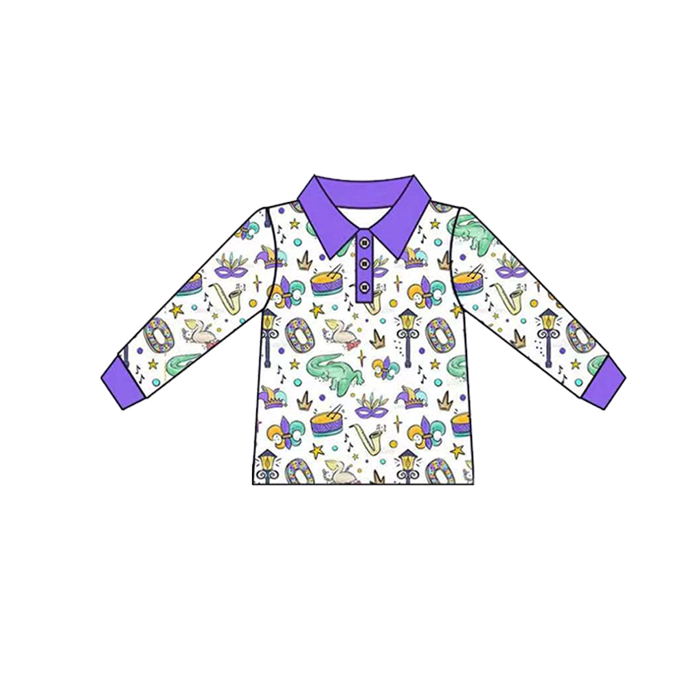 Preorder (moq 5) Baby Boy Clothes Mardi Gras Dinosaur & Festival Element Print Long Sleeve Polo Shirt