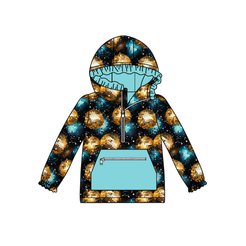 Preorder (moq 5)Baby Girls Gold Balls Happy New Year Zipper Pocket Ruffle Hooded Tops