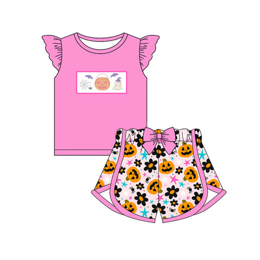 Preorder (moq 5)Baby Girls Hot Pink Flutter Sleeves Ghost Pumpkins Bats Top Flowers Shorts Set