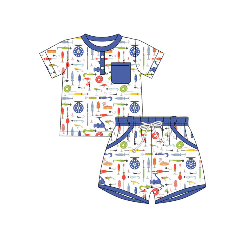 Preorder(moq 5) Baby Boys Fishing Button Top Pocket Shorts Clothes Sets