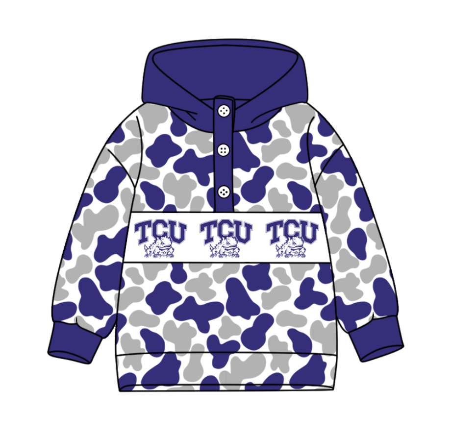 Preorder(moq 8)Baby Boys Purple Grey Camo TCU Team Button Hoodies Top