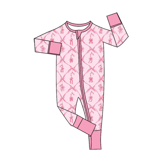 Preorder (moq 5) Baby Girls Bows Candy Cane Christmas Two Way Zip Convertible Rompers