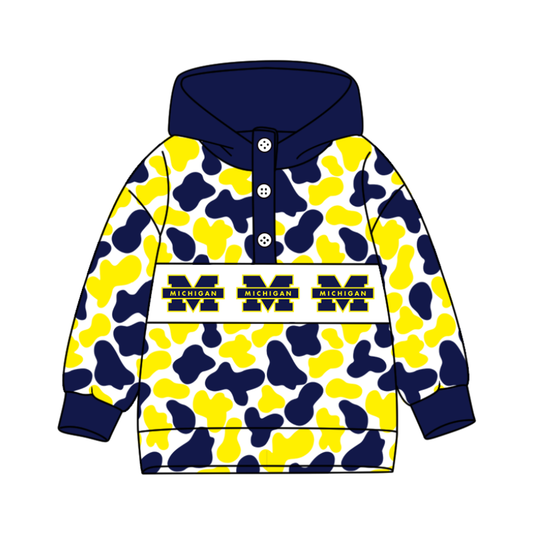 Preorder(moq 8)Baby Boys Navy Yellow Camo Michigan Team Button Hoodies Top