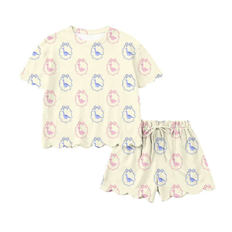 Preorder (moq 5)Baby Girls Bows Dinosaurs Top Scallop Short Clothes Sets