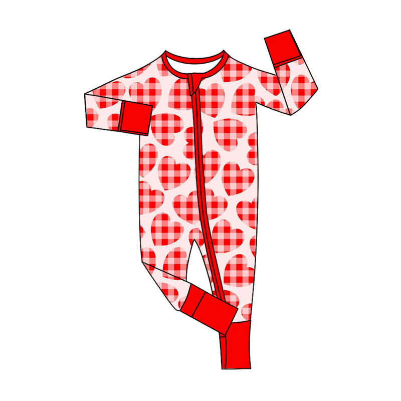 Preorder (moq 5)Baby Girls Red Checked Hearts Valentines Two Way Zip Convertible Rompers