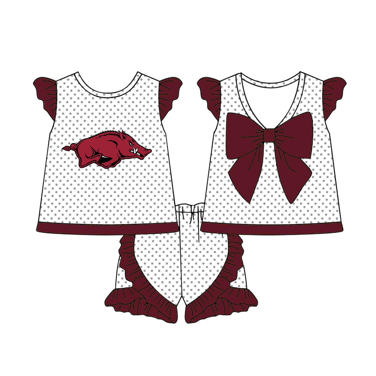 Preorder (moq 5)Baby Girls Polka Dots Back Bow Tunic Ruffle Short Team Clothes Sets