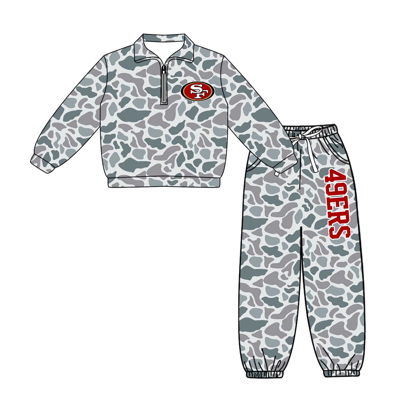 Preorder(moq 5)Baby Boys Grey Camo 49ERS Zip Pullover Pockets Joggers Team Clothes Sets