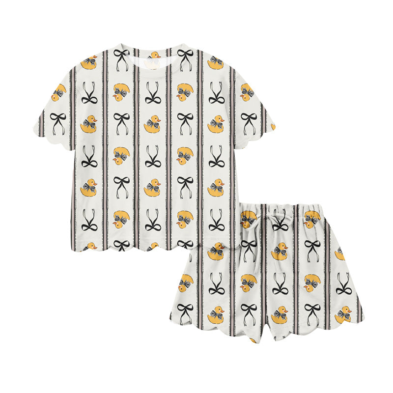 Preorder (moq 5)Baby Girls Bows Ducks Stripe Top Scallop Short Hunting Clothes Sets